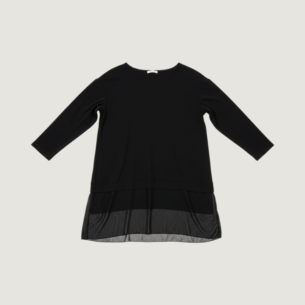 Eileen Fisher Silk Tunic Women Small Black Sheer Hem Long Sleeve Layered Blouse